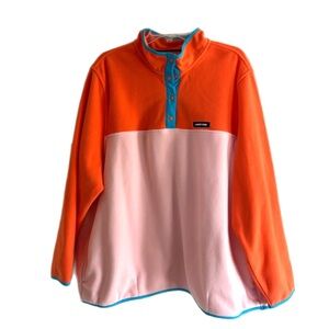 Vintage Lands’ End Fleece Pullover Colorblock Orange Pink Snap